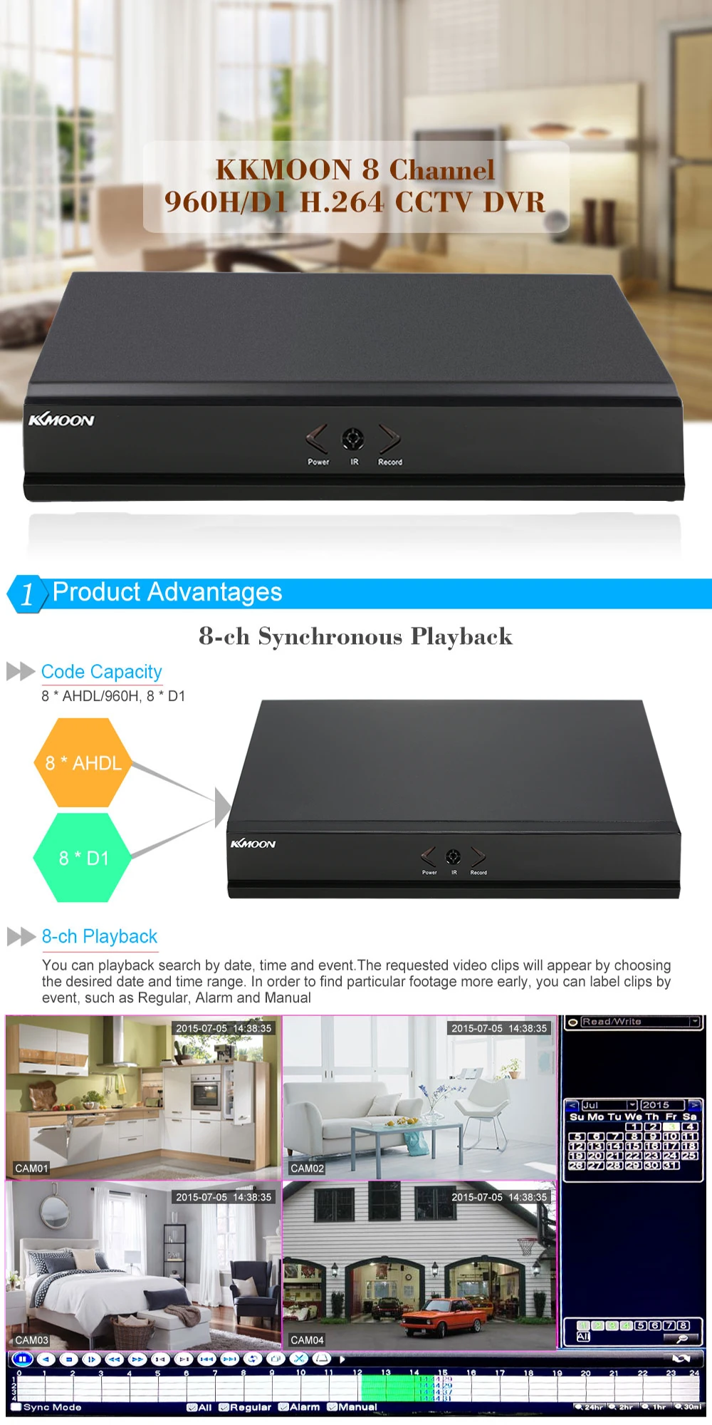 Kkmoon HD 960 H 8CH DVR видеорекордер наблюдения за камера безопасности P2P H.264 1080 P Выход 8 канального наблюдения видео Регистраторы