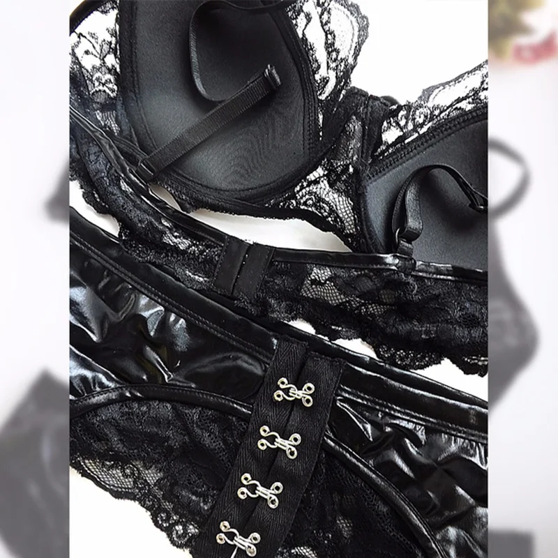 Wetlook Women Lingerie Set Fetish Faux Leather Underwear Strap Lace Bra Low Waist G-string Briefs Female Leather Lingerie Set (6)