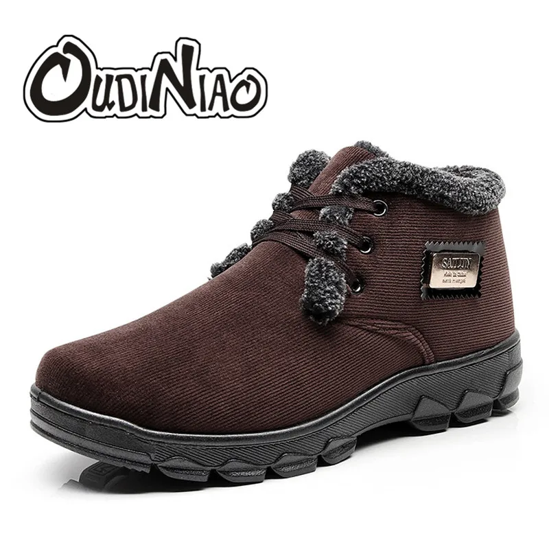 

OUDINIAO Men Boots Plush Plus Warm Winter Lace Up Men Shoes Corduroy Round Toe Snow Winter Shoes Men Black Brown Shoes 2018