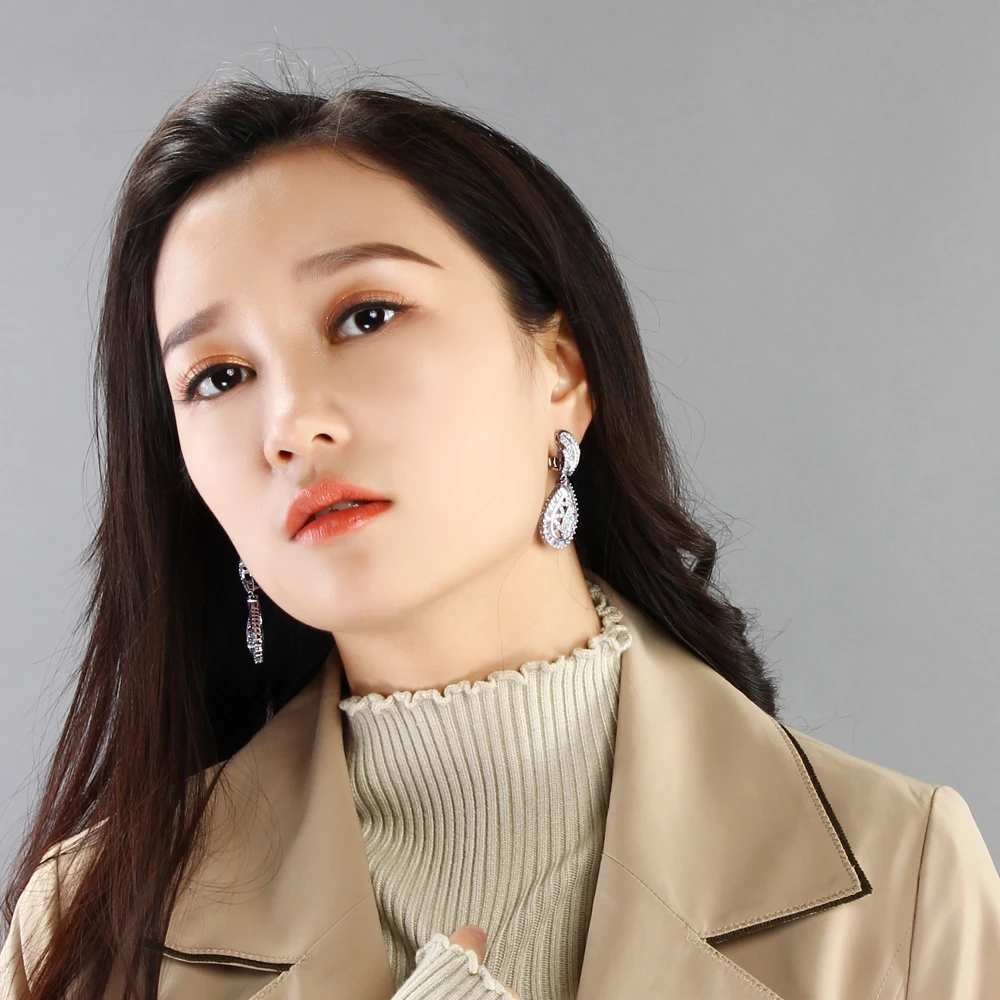 Long drop earrings zircon crystal stones aretes women white dangling earring party Jewelry wedding Accessories