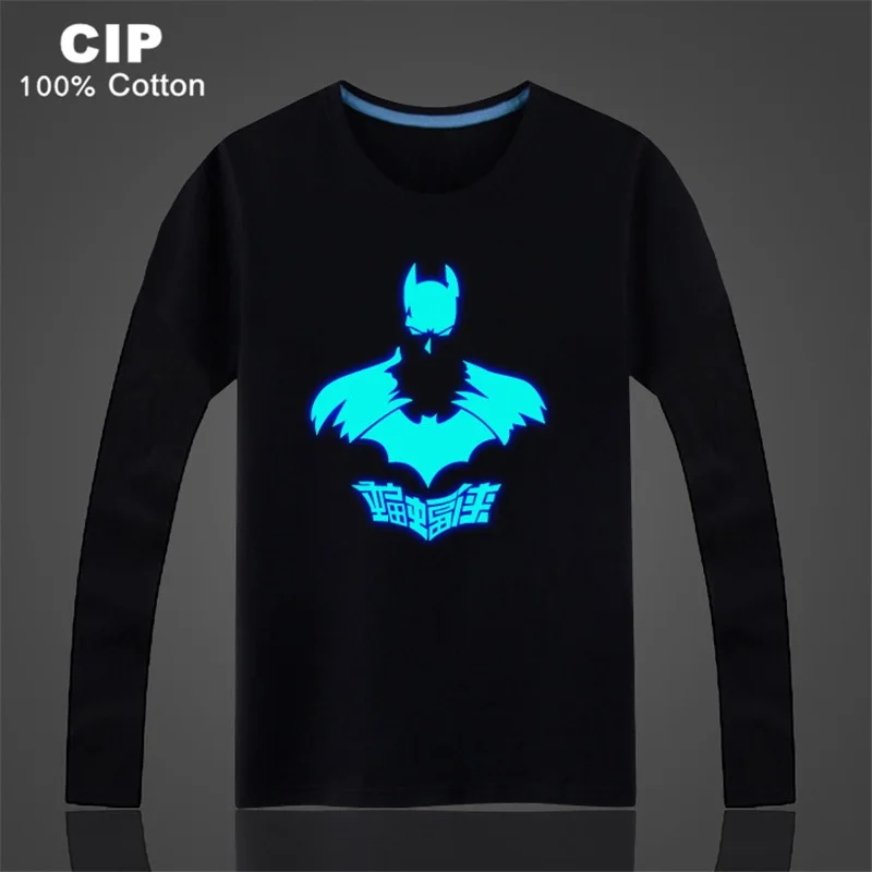 

New Arrivals Batman Long Sleeve T Shirt Men/women Glow in the Dark Clothes Spring&Autumn Cotton Mens Brand Tshirts Rock Hip Hop