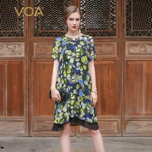 VOA/ летняя Модная шелковая футболка с цветочным принтом из двух частей, большие размеры, короткий рукав, круглый вырез, Свободные повседневные женские топы, B7062