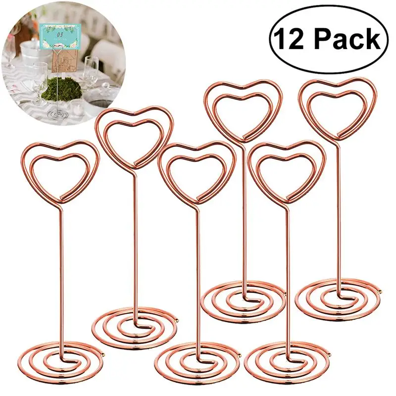 12 Pcs Rose Gold Heart Shape Photo Holder Stand Desk Number Holders Card Place Paper Clamps For Wedding Party Decorations