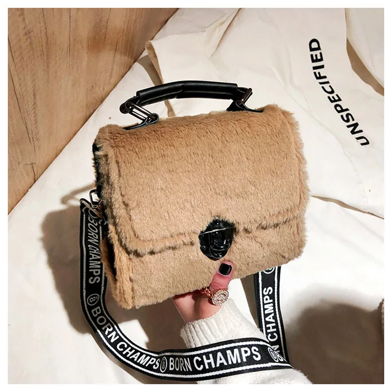 Winter Women New Hairy Bag Tote Shoulder Satchel Bags Korean Small Square Broadband Turn Lock Warm Plush Sweet for Girls SS3507 (1)