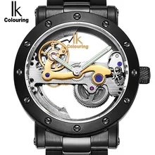 IK Colouring Automatic Mechanical Mens Watch Skeleton Black Military Stainless Steel Waterproof WristWatch Relogio Masculino