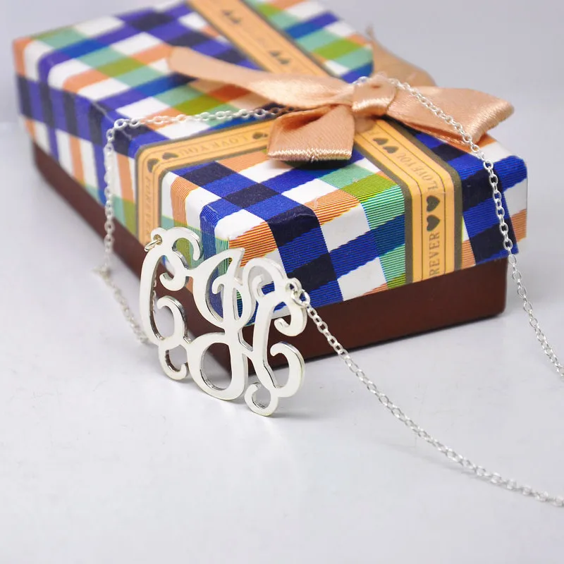 

925 Solid Silver Monogram Name Necklace Personalized Initial Jewelry Colar