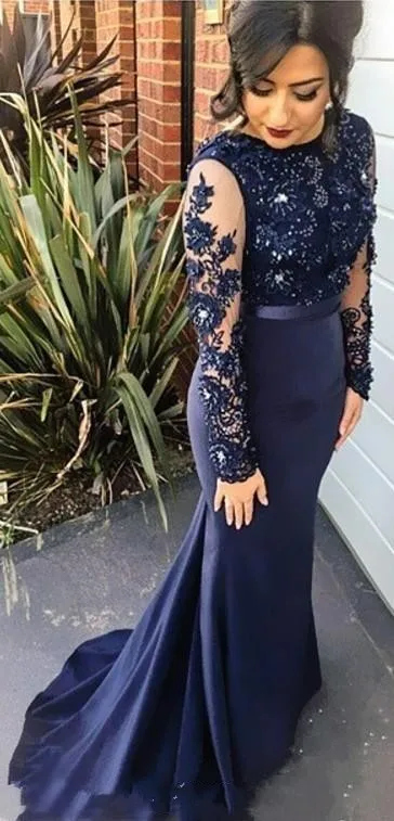 Navy Blue High Neck Lace Mermaid Party Gowns 2018 Long Sleeves Appliqued Evening Dresses Long Prom Dress vestido longo festa Navy Blue High Neck Lace Mermaid Party Gowns 2018 Long Sleeves Appliqued Evening Dresses Long Prom Dress vestido longo festa