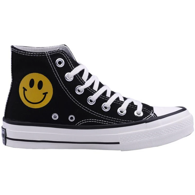 

Classic Women Canvas Shoes Emoji Smiley Face Female Casual Sneakers for Woman Round Toe Lace Up Trainers Women Flats