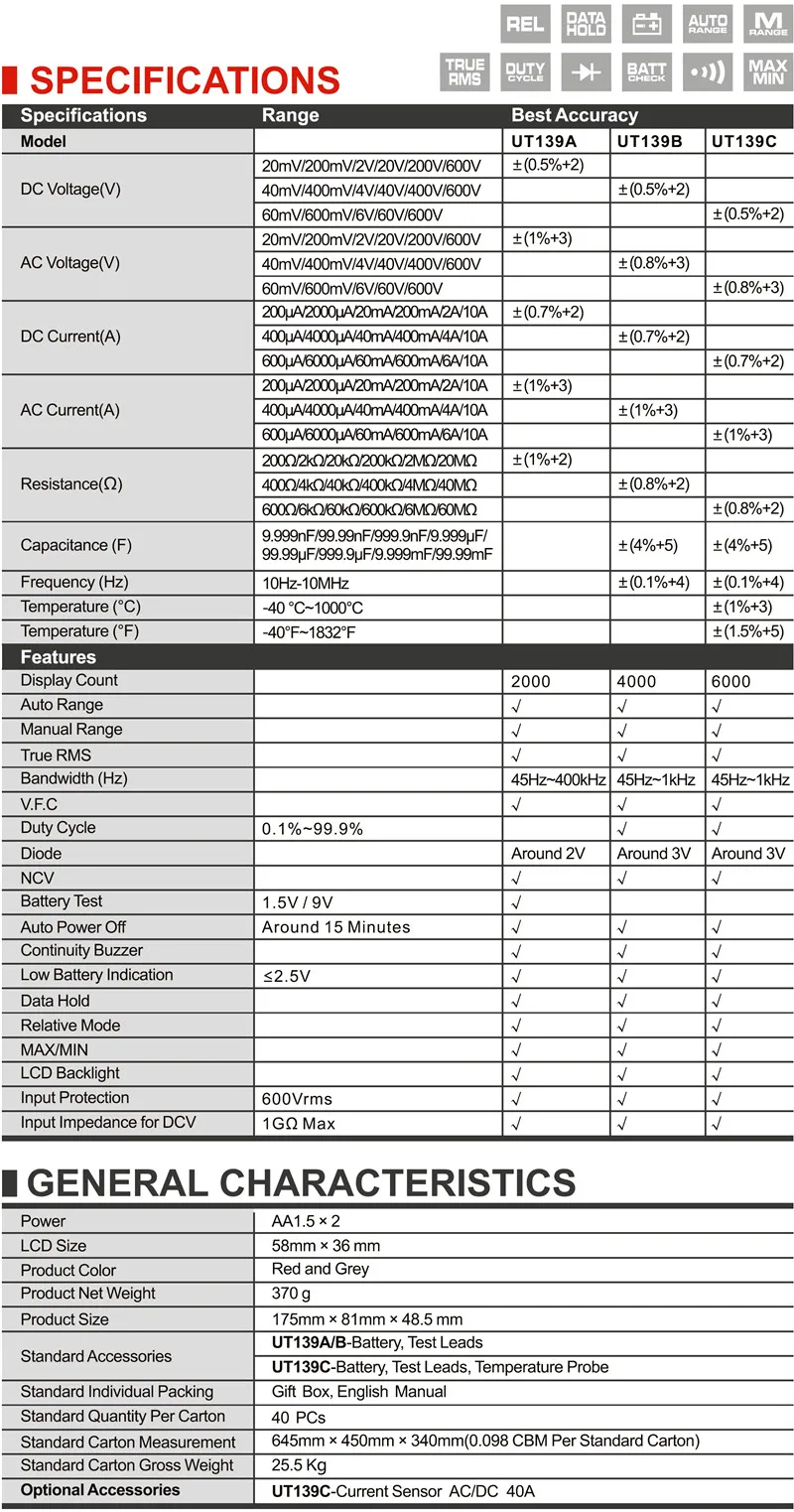UNI-T UT139A/UT139B/UT139C True RMS цифровой мультиметр; сопротивление/Емкость/частота/температура/v.f. C/NCV тест