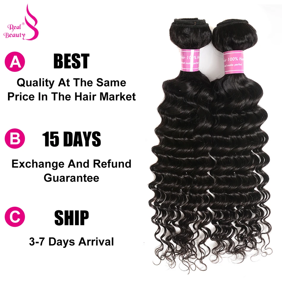 Realbeauty Hair Deep Wave Brazilian Human Hair Weave Bundles Natural Color Remy 1/3/4 Pcs Extension Natural Can Be Dyed