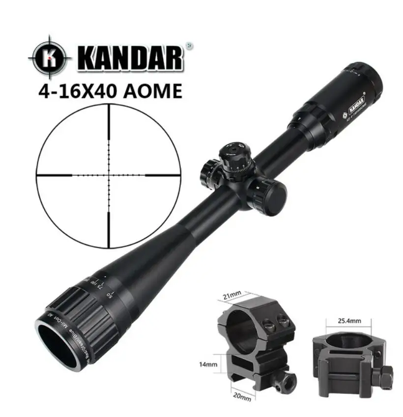 KANDAR 4-16x40 AOE Mil-dot Сетка RifleScope блокировка, сброс полный размер Охотничья винтовка прицел тактический оптический прицел - Цвет: with picatinny ring1