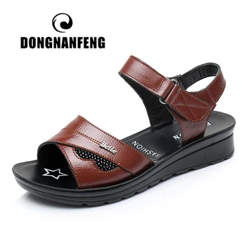 

DONGNANFENG Women Mother Old Female Sandals Shoes Cow Genuine Leather Casual PU Hook Loop Summer Beach Cool Size 35-41 HD-B01