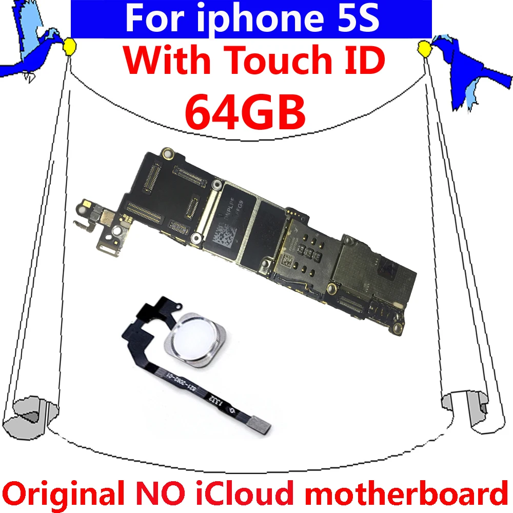 

64GB with / NO Original touch ID motherboard for iphone 5S full unlocked mainboard IOS system logic board for iphone 5S circuits