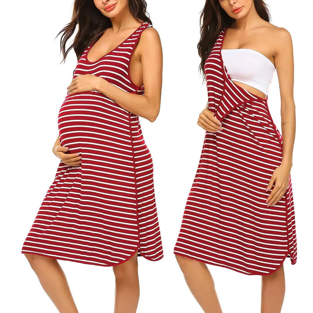 Ekouaer Women's Maternity Sleeveless Dress Striped Nightgown Pregnancy Gown for Breastfeeding 