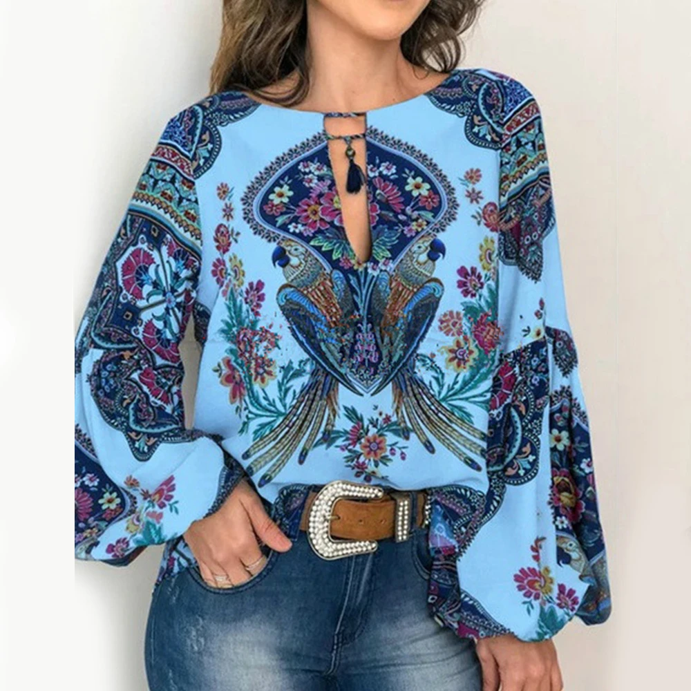 

Floral Print Chiffon Blouse For Women Spring Plus Size Loose Womens Tops And Blouses O Neck Lantern Sleeve Tassel Tunic Shirts