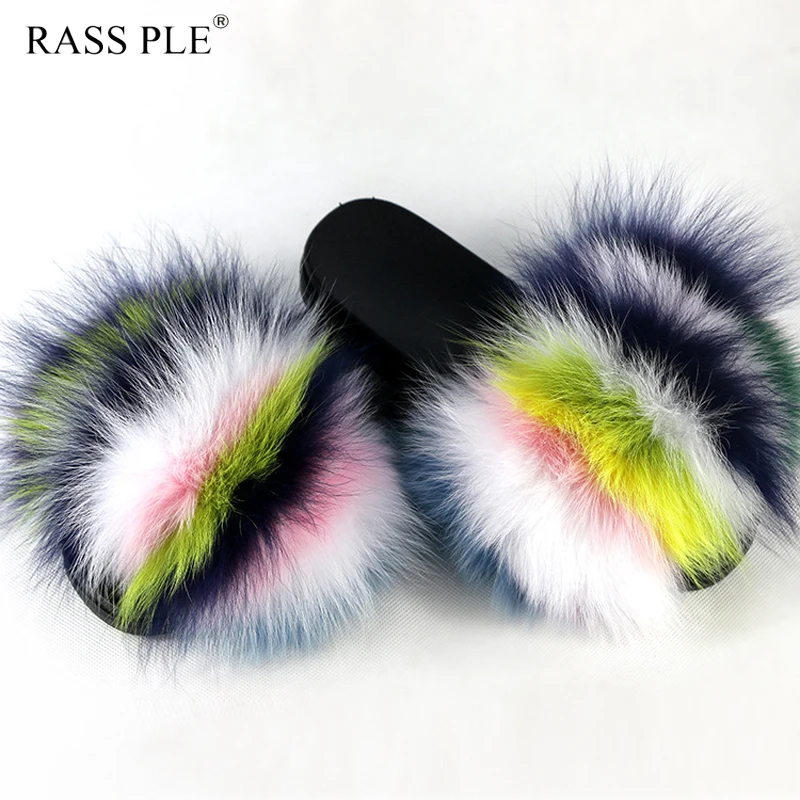 

RASS PLE Fox Fur Slides Big Size 2018 Open Toe Fluffy Real Hair Low Platform Slippers Slip On Flip Flops Furry Women Shoes