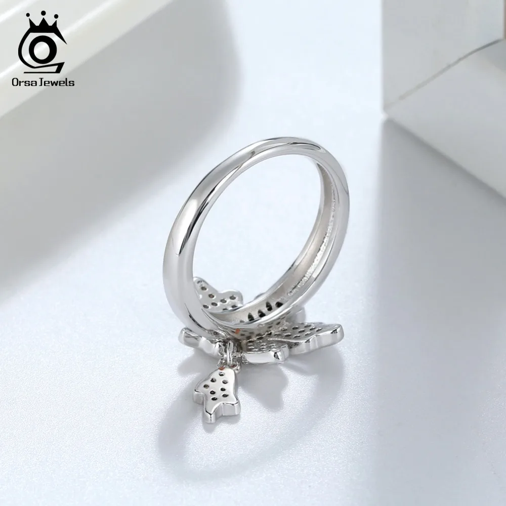 ORSA JEWELS Ring For Women Original Maple Pattern Rings Finger With Charms Luxury Dazzling AAA CZ Silver Color Jewelry OR182