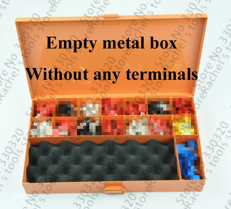 

Empty orange metal tool box for sorting hand crimping tool pliers and terminals