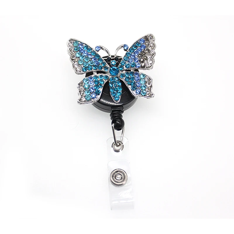 20pcs/New Design Zinc Alloy Rhinestone Animal Blue Butterfly Retractable Pull Badge Scroll Decoration with Clip ID Badge Holder
