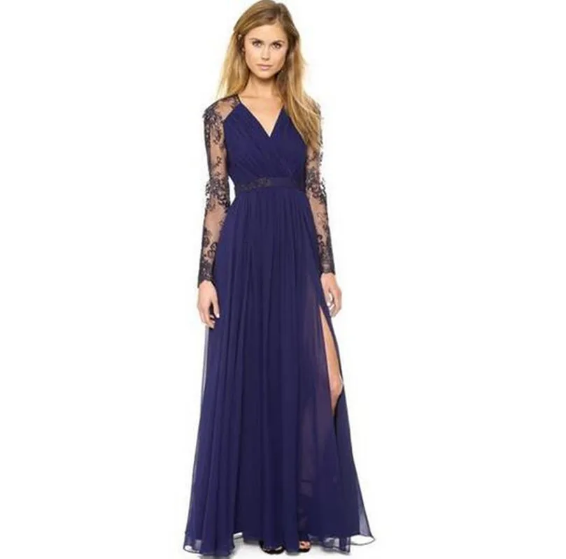

Women Lace Chiffon Split Banquet Dresses Spring Long Sleeve Patchwork Elegant Blue Max Dresses