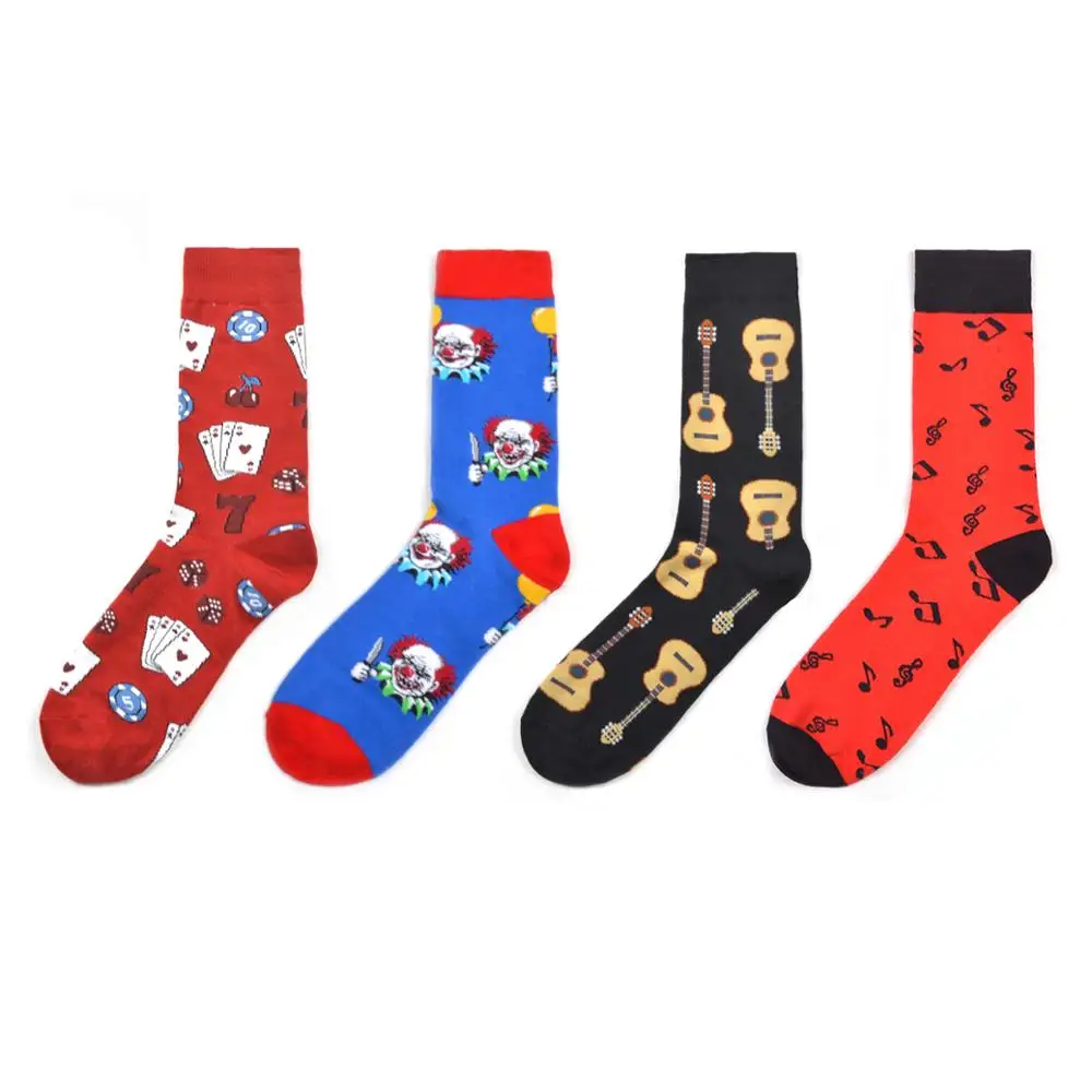 

2019 Hot Sale Casual Men Socks Colorful happy Business Party Dress Cotton Socks Poker Clown Guitar Print Socks