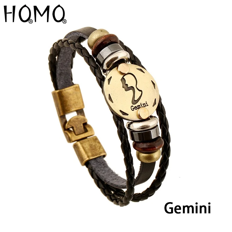 HQMQ 12 Созвездие черный плетеный кожаный браслет Рак Лев Дева весы ювелирные изделия панк мужской браслет подарок на день рождения - Окраска металла: Gemini