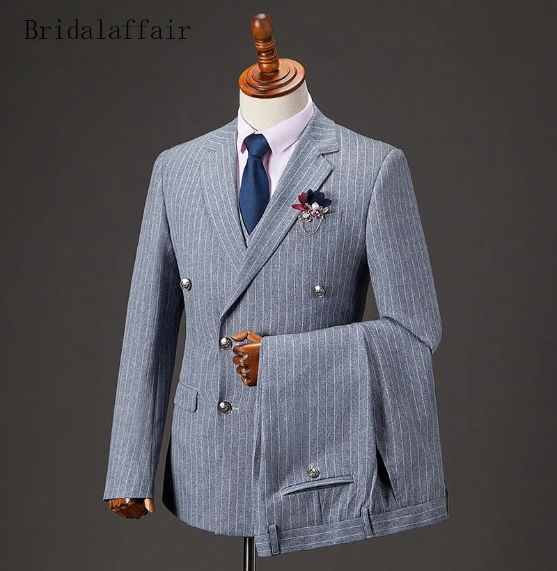 Bridalaffair серый мужские костюмы Свадебные Жених костюм 3 предмета Комплект(куртка+ брюки+ жилет) slim Fit Мода в полоску с принтом Роскошные смокинги - Цвет: Серый