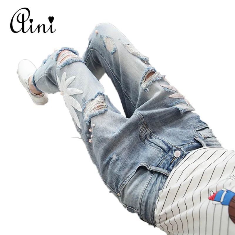 

Spring Summer New Jeans Women Ankle-Length Straight Mid Waist Jeans Lady Hole Loose Fashion Skinny Beading Trousers Plus Size