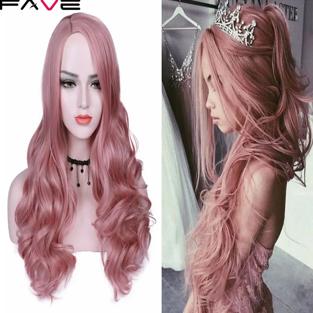 

FAVE Premium Long Synthetic Wig Body Wave Ombre Color Side Part Sakura Pink /2#Pea Green/ Gray Purple With Bangs Wavy Wigs