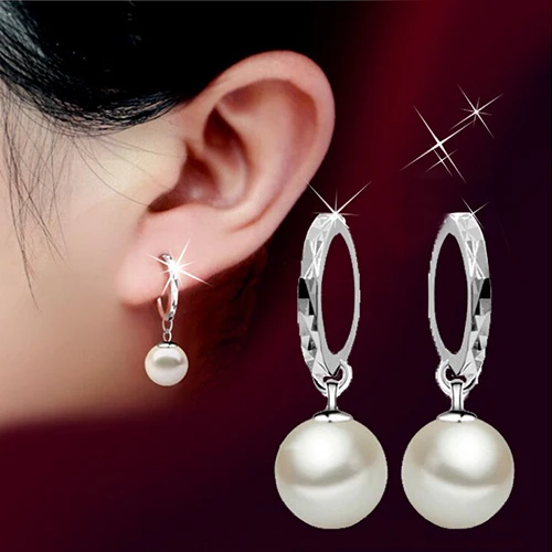 

Elegant Hoop Earrings for women with Silver Plated Faux Pearl Eardrop Dangle Ear jewelry 4TTH