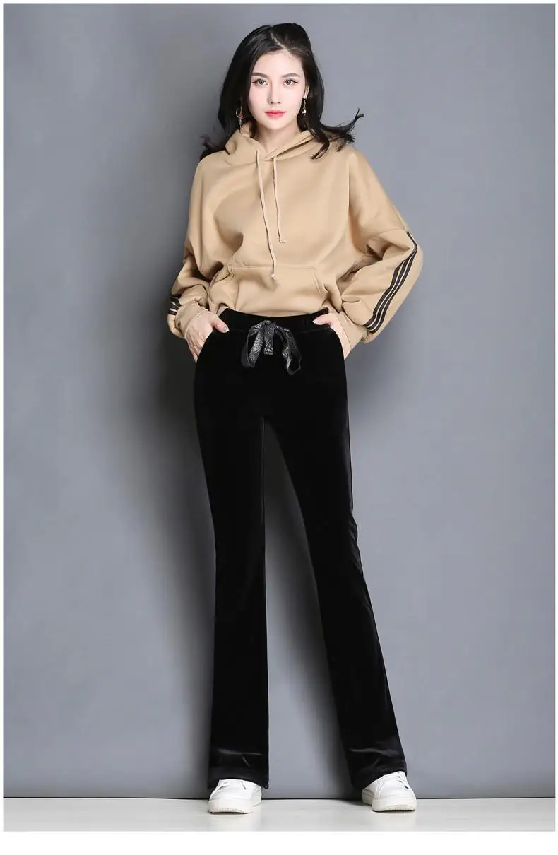 Осенние бархатные женские брюки с высокой талией, однотонные, черные, синие, коричневые, эластичные штаны для женщин, Свободные повседневные расклешенные брюки для девушек GJ285 - Цвет: Черный
