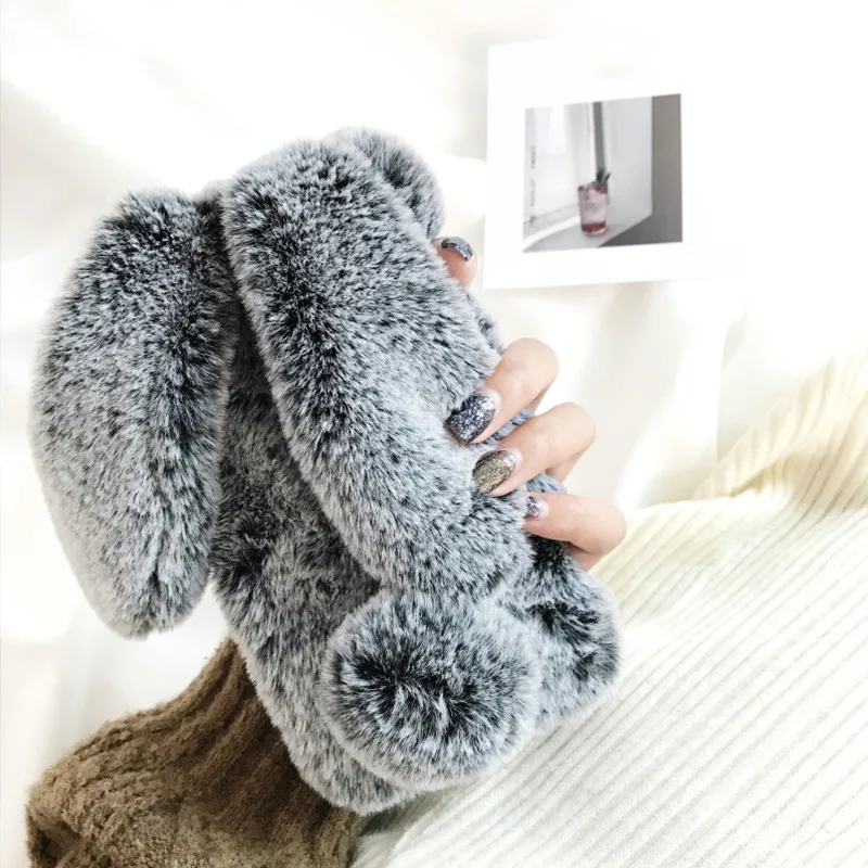 

3D Cute Rabbit Hairy Warm Fur Bling Rhinestone Bunny Cover Case For iPhone X xs max xr 10 4 5 5S SE 6 6S 7 8 Plus Soft TPU Shell