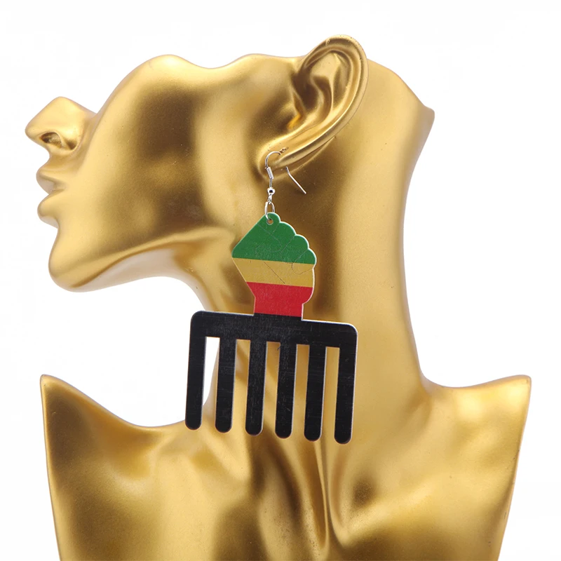 SANSHOOR Rasta красочные афро расческа деревянные серьги с RBG сила кулак шаблон женщины