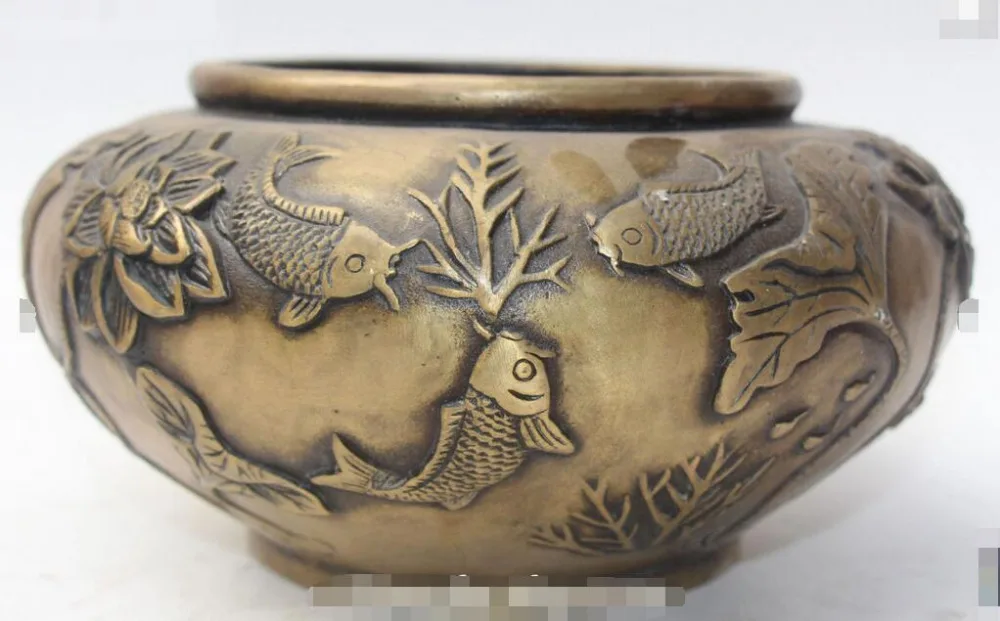 

Marked Chinese Bronze Fish Fishes Lotus Flower Leaf Jar Jug Crock Pot Cylinder