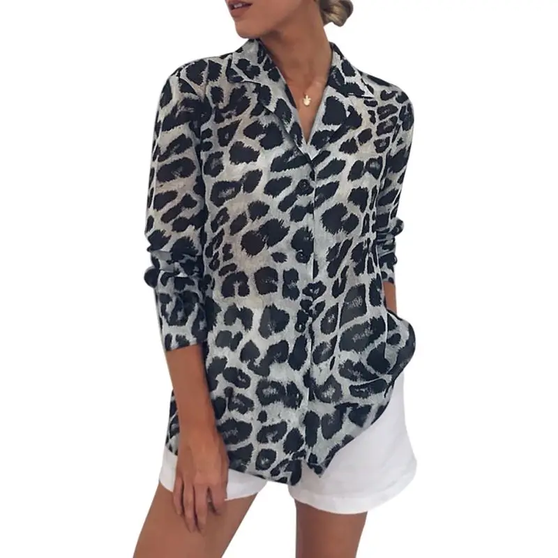 

Women Fashion Blouse Leopard Printed Shirt Casual Long Sleeve V -Neck Top Chiffon Shirt Camisa Feminina