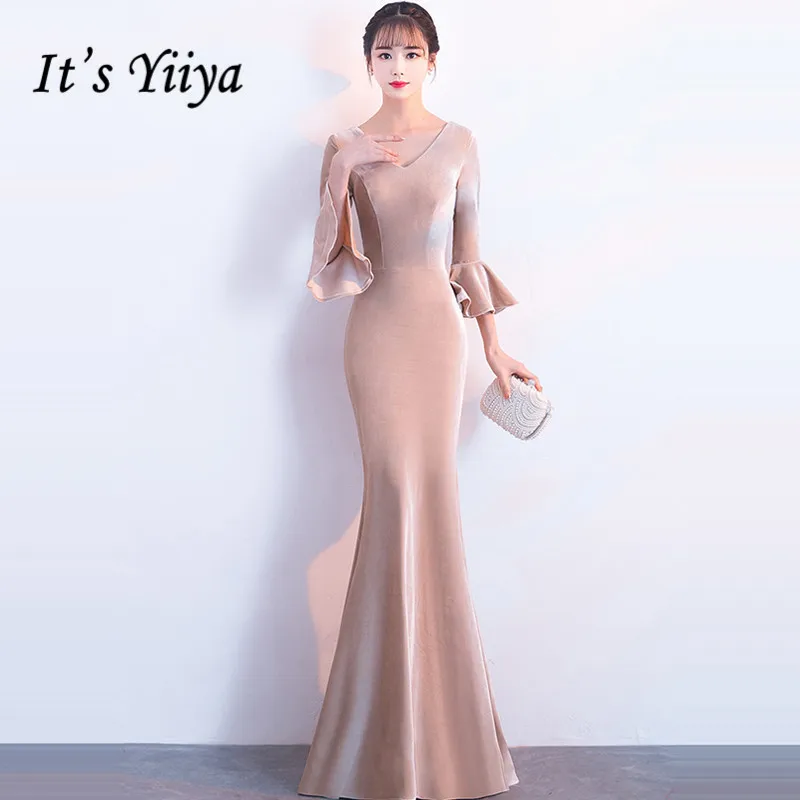 

It's YiiYa Evening Dress 2019 Khaki V-neck Flare Sleeve Simple Floor-length Trumpet Evening Gowns TR050 robe de soiree