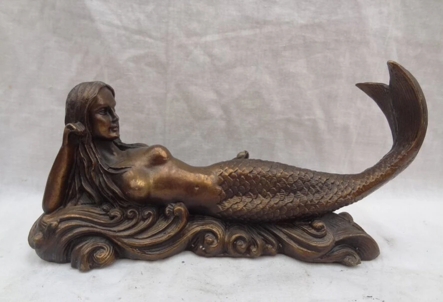 

song voge gem S3603 9" Chinese Bronze Sleep Half Naked Belle Mermaid Sea-maid Fish Statue Sculpture