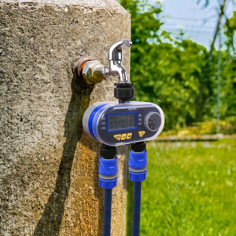 Válvula electrónica Digital de dos salidas para jardín, temporizador solenoide de agua, controlador de riego de jardín para jardín, yardas, 21060