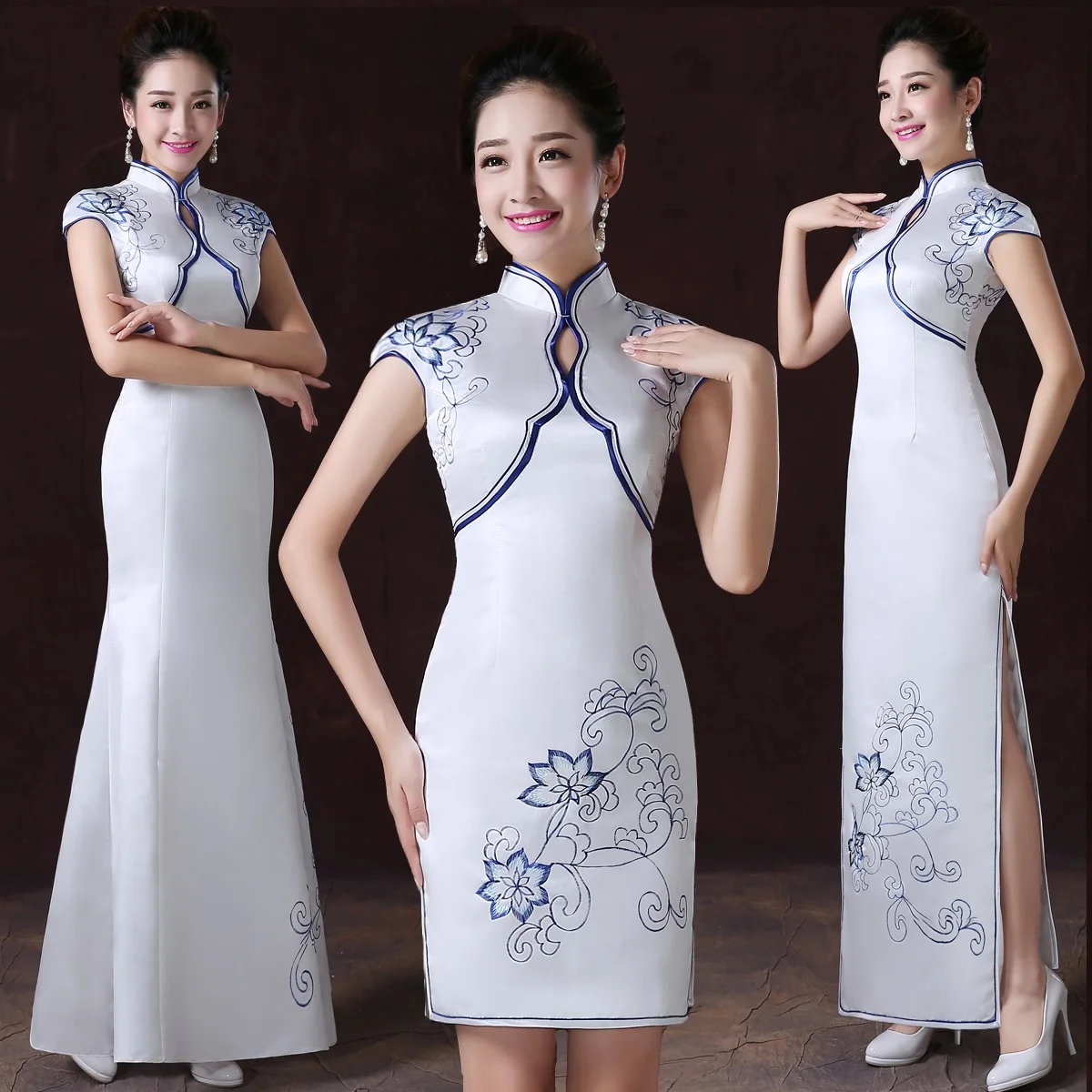 

White New Women Flower Qipao Oriental Female Improved Cheongsam Chinese Bride Printed Satin Wedding Party Dress Vestidos XS-XXL