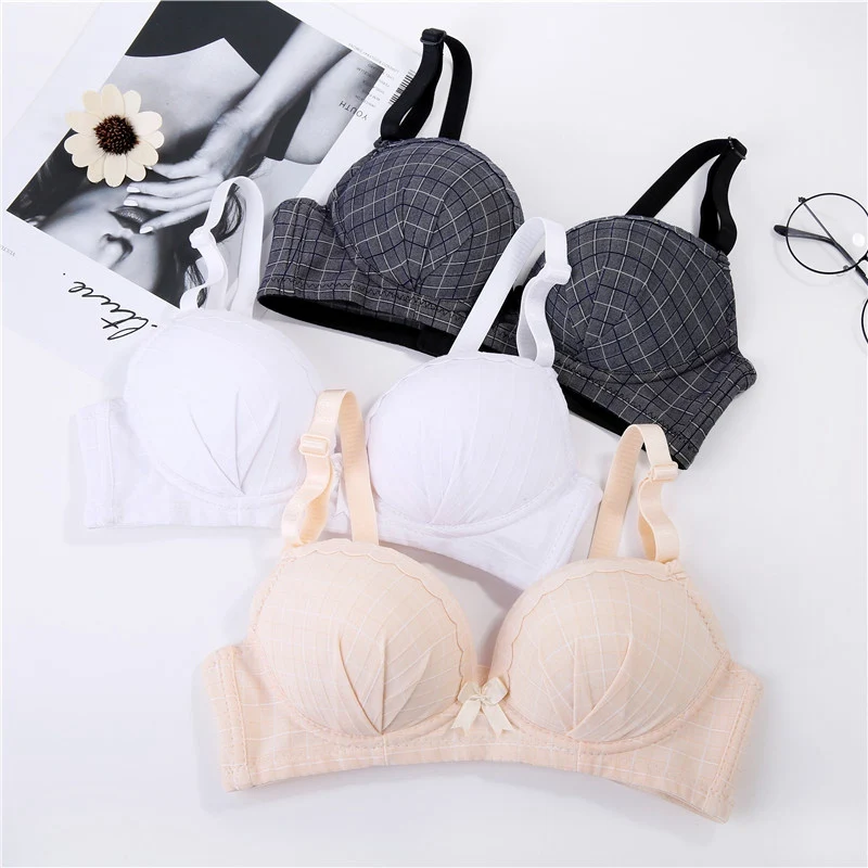 

Wire Free Women Bras Bow Knot Teenage Girl Underwear Plaid Printed Students Bra