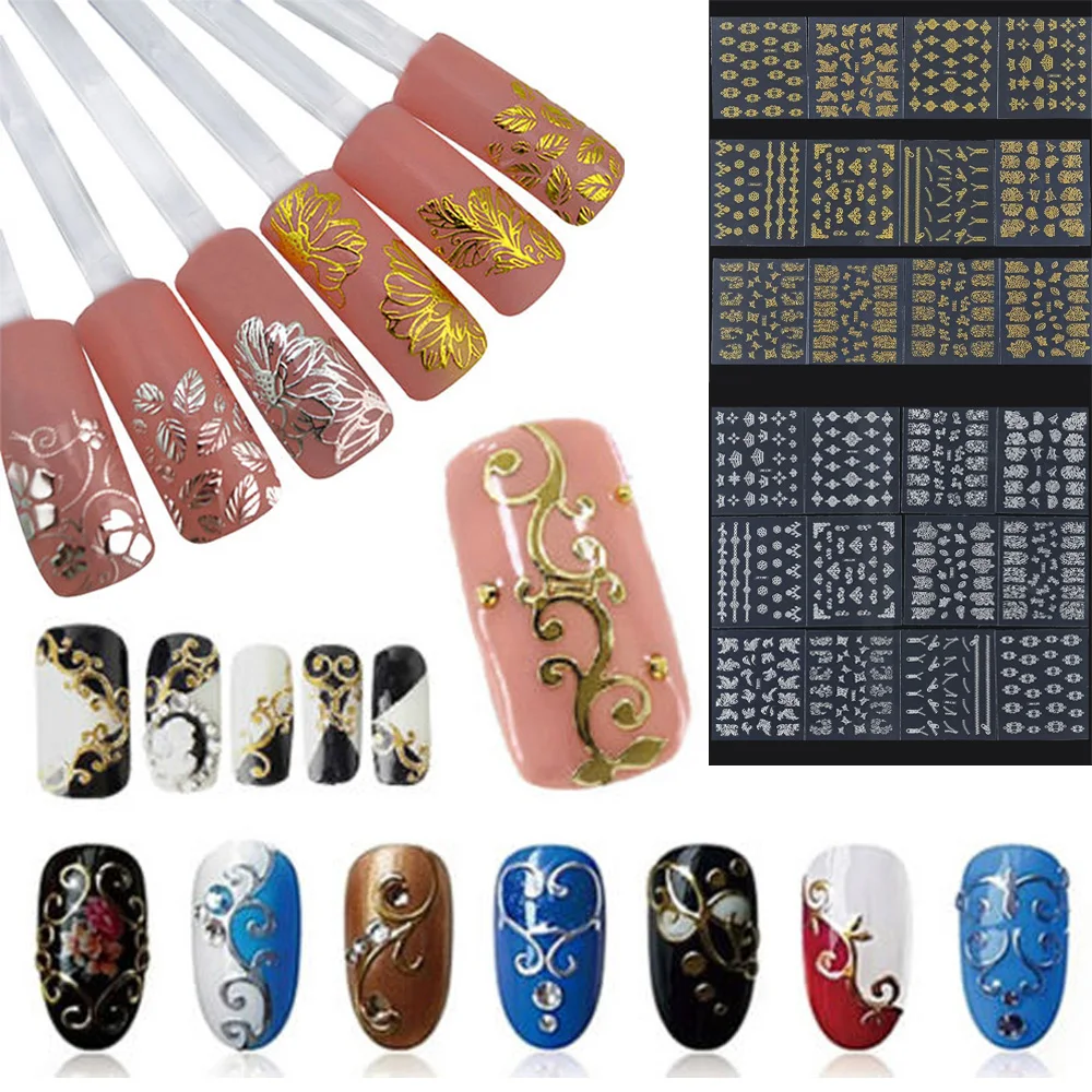 

10/12Pc/Set Pro 3D DIY Metallic Beauty Gold Silver 3D Nail Art Stickers Decals Flower Manicure Decoration Tools