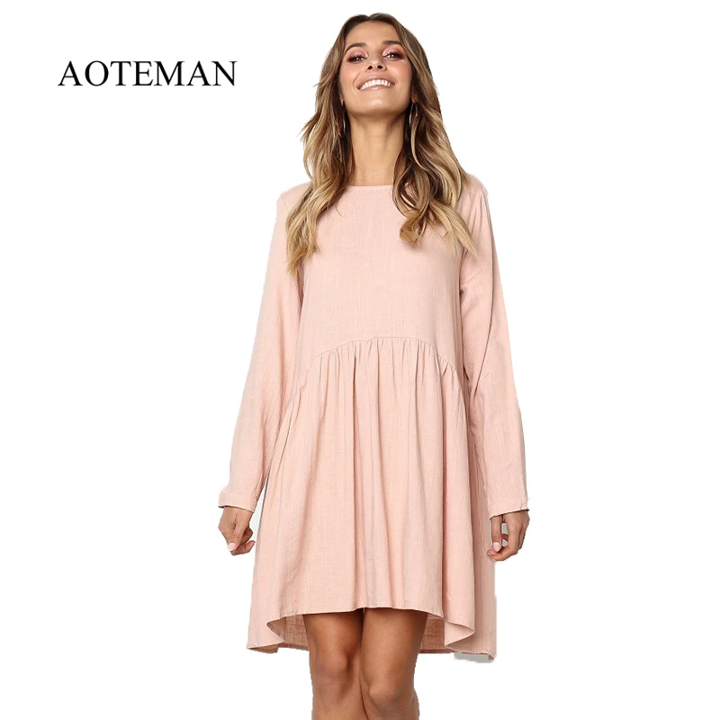 

AOTEMAN Summer Dress Women 2019 Solid O-Neck Long Sleeve Cotton Linen Pleated Dress Female Elegant Beach Party Dresses Vestidos