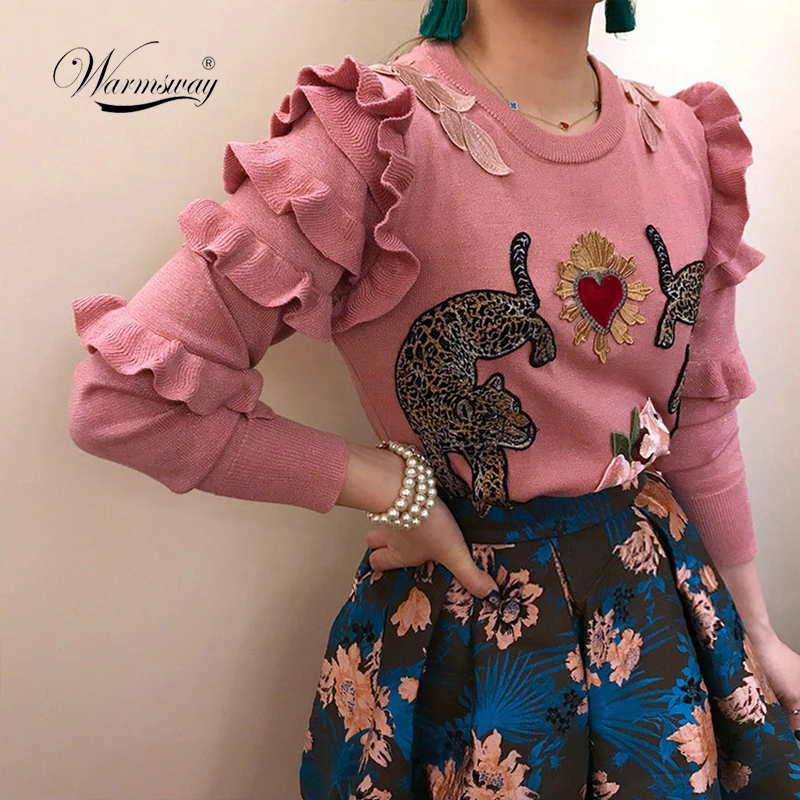 

Autumn Winter Animal Embroidery Knitted Sweaters Pullovers Women Runway Design Ruffle Elegant Top Clothes Lady Jumper C-193