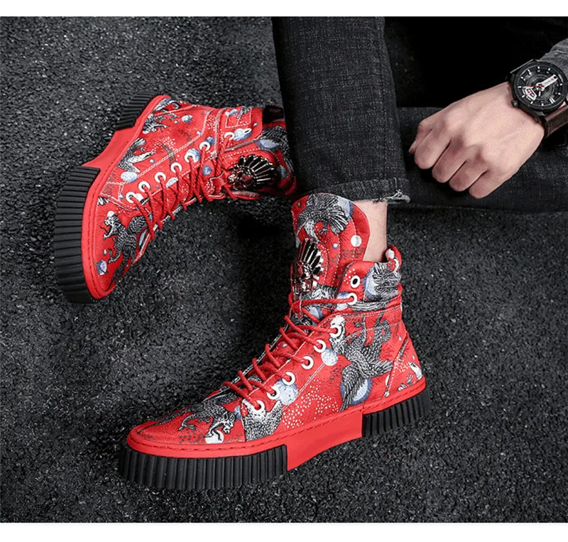 Мужские высокие повседневные кроссовки; коллекция года; модная мужская обувь в стиле хип-хоп; цвет красный, синий; мужская обувь на плоской подошве со шнуровкой; 5#15/15E50