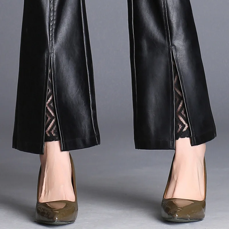 Lxunyi Aurtumn Wintrer, большие размеры, штаны из искусственной кожи, женские расклешенные брюки с высокой талией, кружевные женские брюки из искусственной кожи, 4XL 3XL, черные