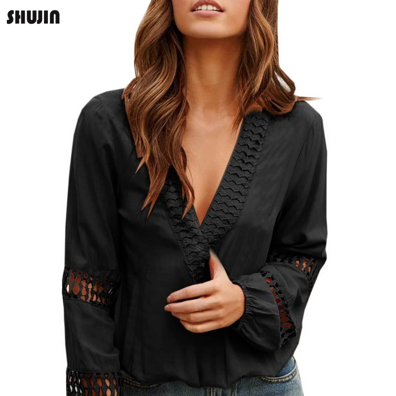 

SHUJIN 2019 Women's Deep V Neck Long Sleeve Solid Shirts Female Spring Autumn Loose Top Sexy Hollow Out Lantern Sleeve Blouse