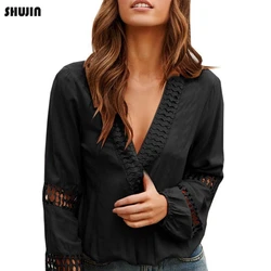 SHUJIN 2019 Women's Deep V Neck Long Sleeve Solid Shirts Female Spring Autumn Loose Top Sexy Hollow Out Lantern Sleeve Blouse SHUJIN 2019 Women's Deep V Neck Long Sleeve Solid Shirts Female Spring Autumn Loose Top Sexy Hollow Out Lantern Sleeve Blouse