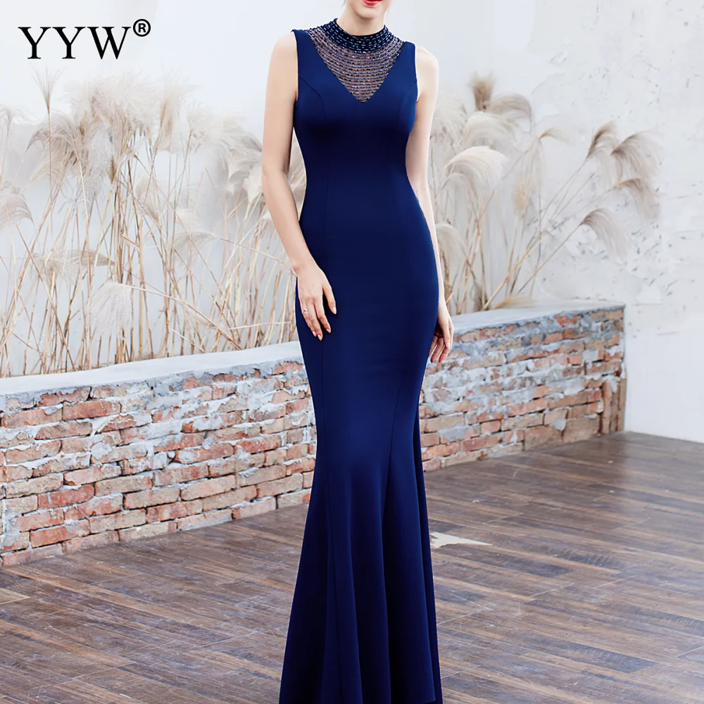 purplish blue Вечерние платья русалки длинное женское вечернее платье с высокой горловиной и блестками, Сетчатое тонкое платье длиной до пола, сексуальное платье с открытой спиной Femme - Цвет: purplish blue
