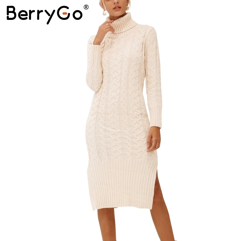 BerryGo Turtleneck split loose sweater dress long White knitted femme winter dress 2018 Autumn tricot streetwear women dress