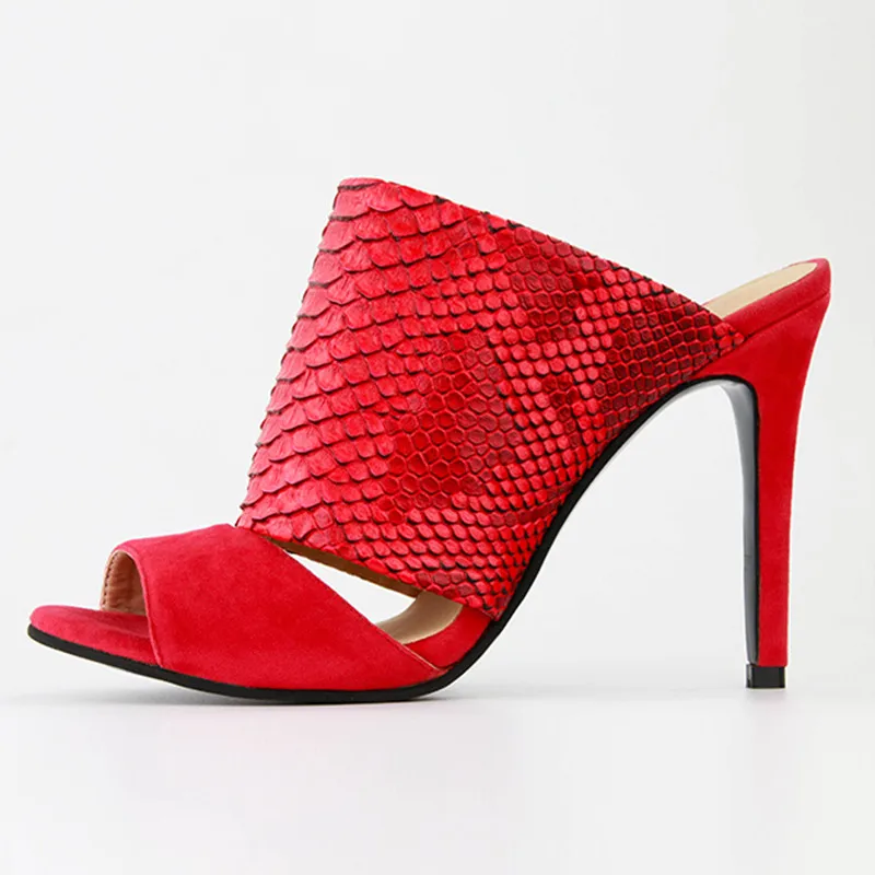 

Sexy Women Slides Stiletto Red Leather Shoes Woman Slingback women sandal Open Toe Stiletto Party Sandalias Mujer Lady Pumps 42